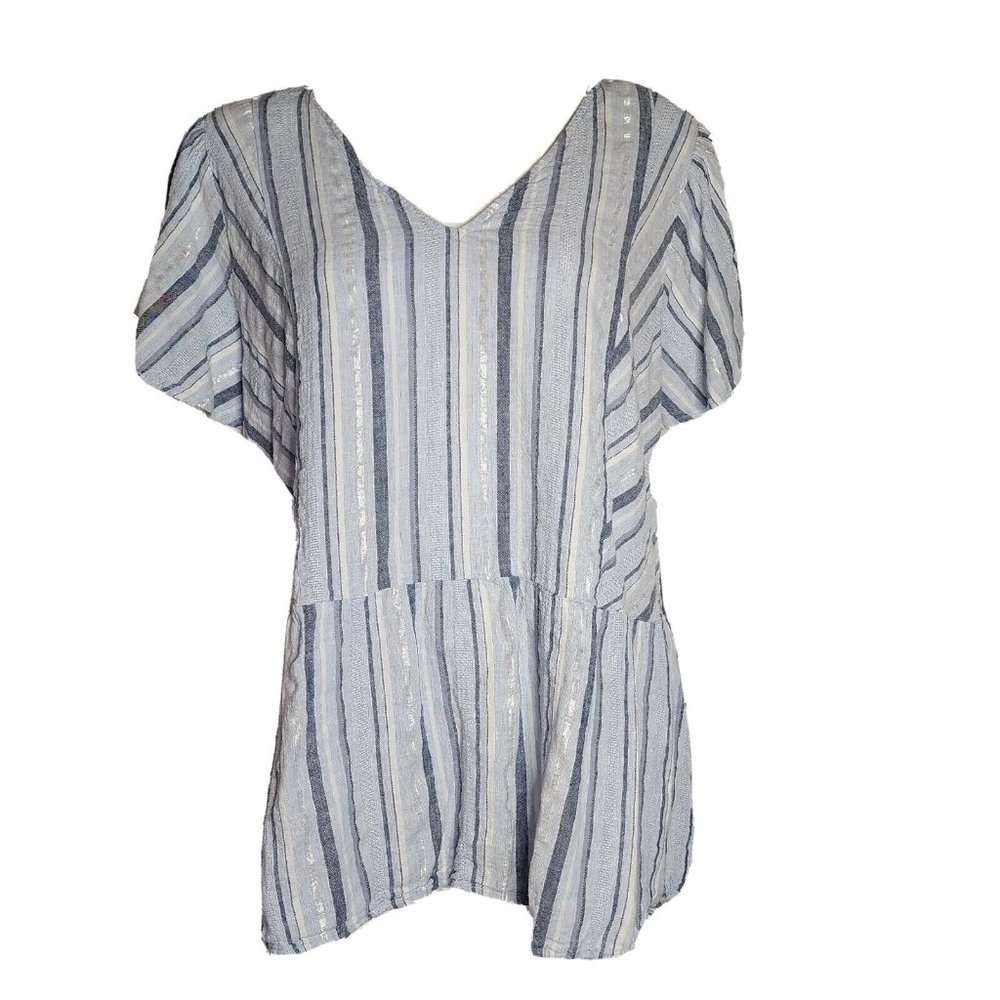 LANE BRYANT Blue Metallic Striped Short Sleeve V Neck Top Womens‎ Plus Size 26